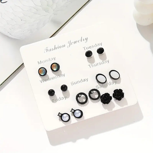 Elegant Classic Black Series Stud Earrings Set