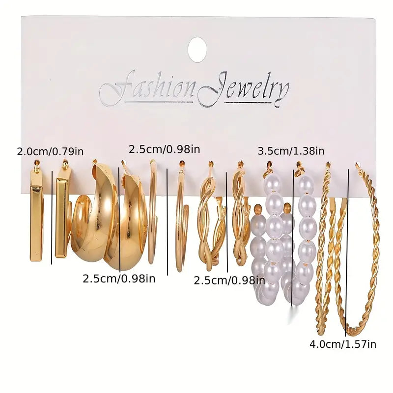 12 Pairs Set Of Delicate Hoop Earrings Iron Jewelry Imitation Pearl