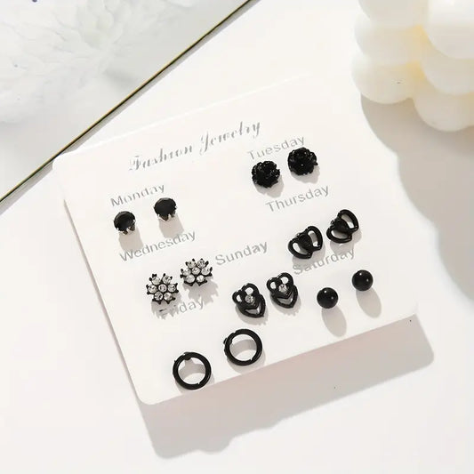 Elegant Classic Black Series Stud Earrings Set