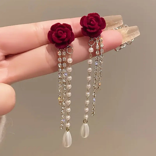 Luxurious Velvet Flower Tassel Faux Pearl Drop Earrings