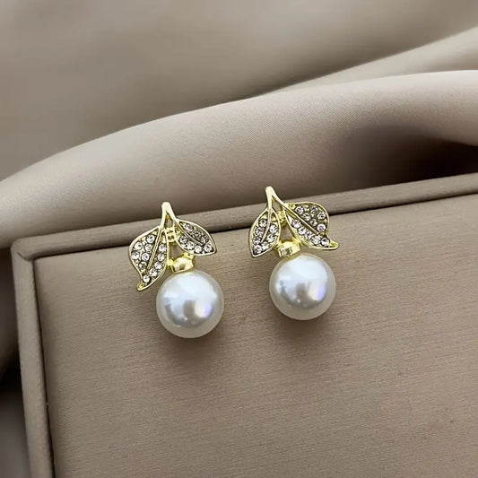 Elegant Leaf & Faux Pearl Stud Earrings