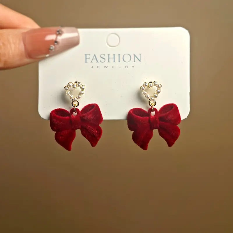 Chic Vintage-Inspired Red Bow & Heart Dangle Earrings