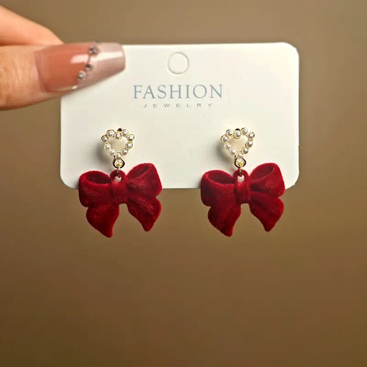 Chic Vintage-Inspired Red Bow & Heart Dangle Earrings